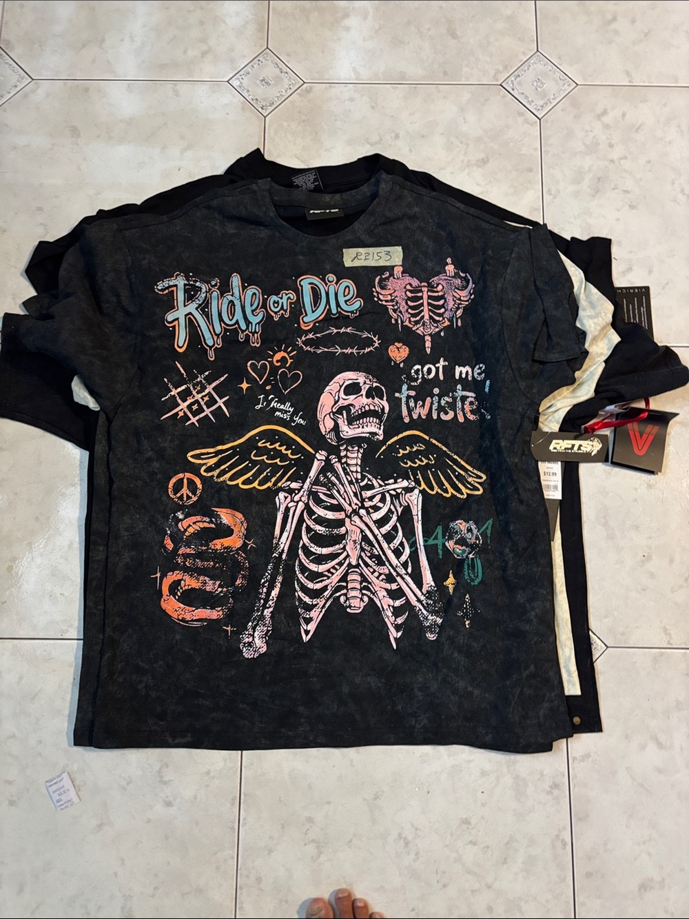 Reserved Black Graphic 'Ride or Die' Tee with Pink & Yellow Accents